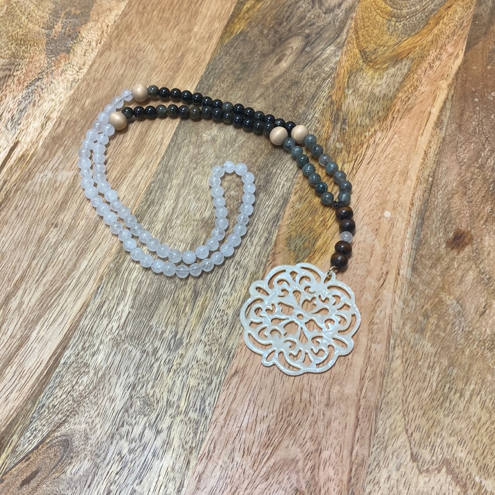 White Jade, Gold Sheen Obsidian, Bloodstone &Wood with an Elegant Resin Pendant